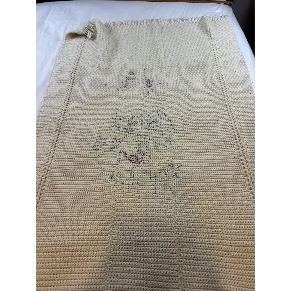 Handmade Colorful Birds Cream Crochet Knit Afghan‎ Throw Blanket w/ Fringe 37x57